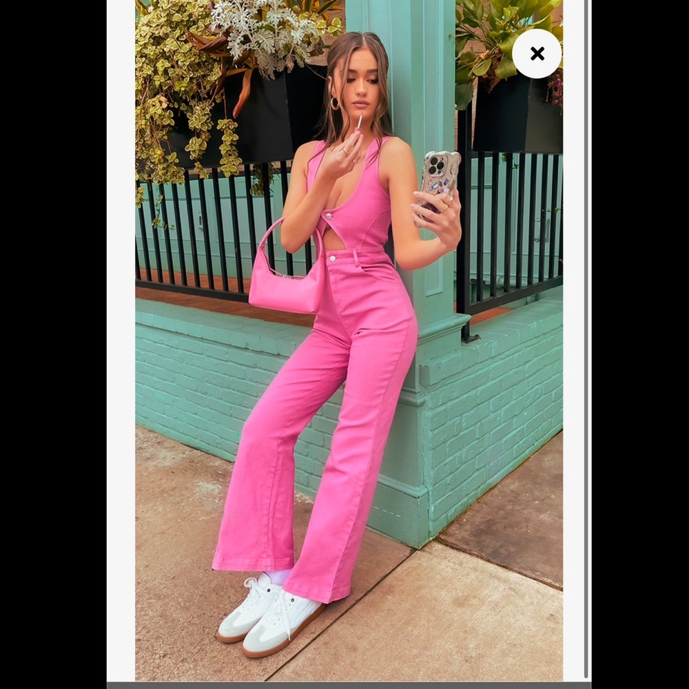 pretty little thing pink denim jumpsuit NWT